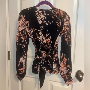 joie black & coral floral wrap blouse